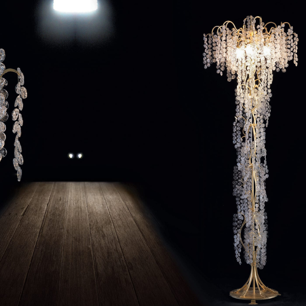 STARDUST GOLD FLOOR LAMP with dense cascading strings of pink and lavender round glass crystal petals, 78.7 inches tall, front view STARDUST GOLD FLOOR LAMP with dense cascading strings of pink and lavender round glass crystal petals, 78.7 inches tall, front view