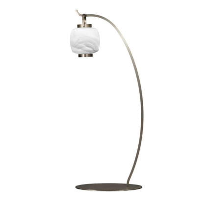 JOLANDA FLOOR LAMP with cloud-texture white opal Murano glass globe shade suspended at arc apex, 73.4 inches tall, side view