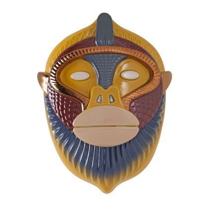 PRIMATES MASK KANDTI GLOSSY MULTICOLOR CERAMIC WITH METAL DETAILS WALL SCULPTURE — amber yellow body, slate blue beard, copper visor rim, front view