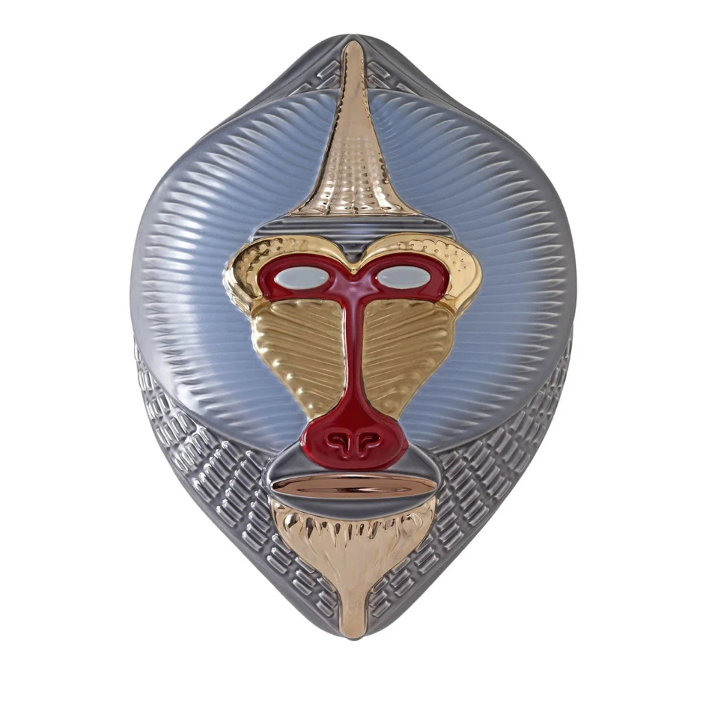 PRIMATES MASK MANDRILLUS GLOSSY LIGHT BLUE WITH METAL DETAILS WALL SCULPTURE in glossy light blue with gold and red metal details by Elena Salmistraro PRIMATES MASK MANDRILLUS GLOSSY LIGHT BLUE WITH METAL DETAILS WALL SCULPTURE in glossy light blue with gold and red metal details by Elena Salmistraro