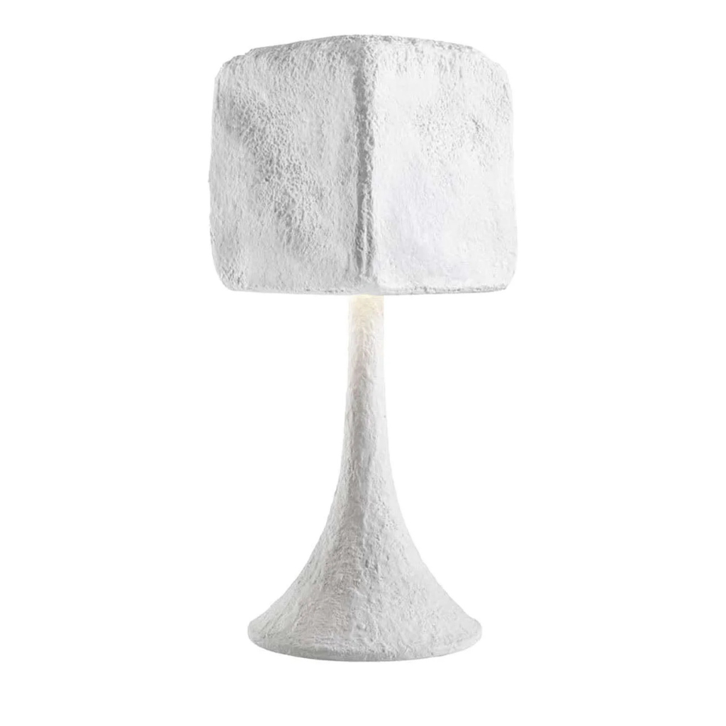 CERAMIC TABLE LAMP WITH TEXTURED WHITE GLAZE with rough porous plaster-textured square shade on a flared trumpet pedestal base CERAMIC TABLE LAMP WITH TEXTURED WHITE GLAZE with rough porous plaster-textured square shade on a flared trumpet pedestal base