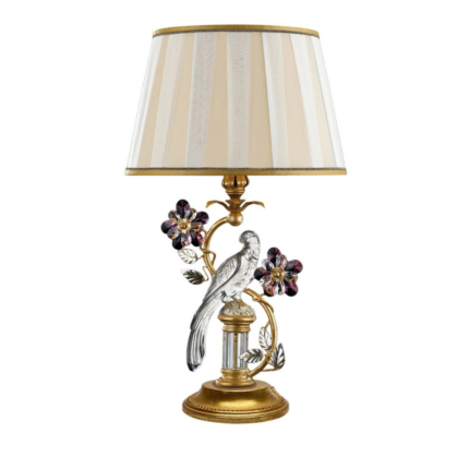 1406 BIRD TABLE LAMP with silver crystal bird on branch, amethyst crystal floral blooms, and cream striped tapered fabric shade