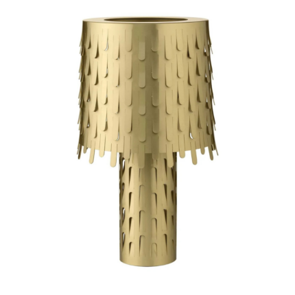 JACK GOLD FRUIT TABLE LAMP BY CAMPANA BROTHERS with vertical teardrop cut-out fringe shade on cylindrical stem