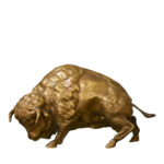 BIG BISON BRASS SCULPTURE in charging stance with textured curly mane, detailed musculature, and hooves