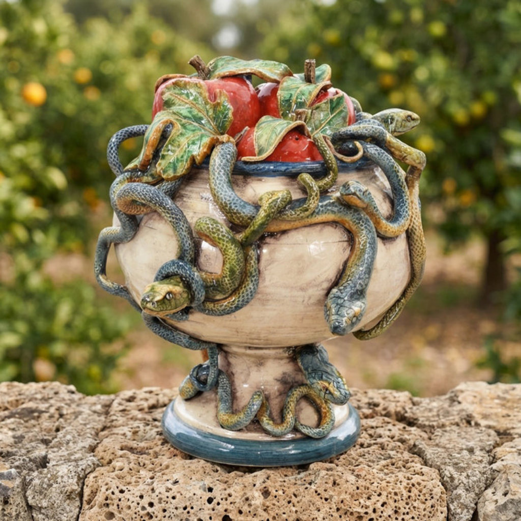 EDEN SICILIAN MAIOLICA DECORATIVE SCULPTURE with coiling painted snakes, red apple and leaf crown, and cream mother-of-pearl glaze by Ceramiche Sofia EDEN SICILIAN MAIOLICA DECORATIVE SCULPTURE with coiling painted snakes, red apple and leaf crown, and cream mother-of-pearl glaze by Ceramiche Sofia