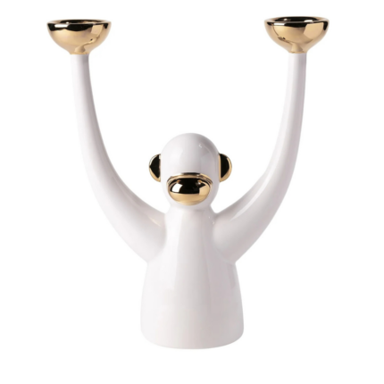 ZEE WHITE CANDLE HOLDER with both arms raised, two gold bowl candle cups, and gold face and ear accents