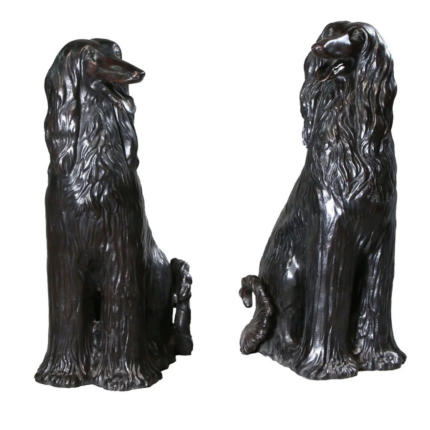 LEVRIERI AFGANI SET OF 2 BRONZE SCULPTURES seated with richly detailed flowing coats, facing opposite directions