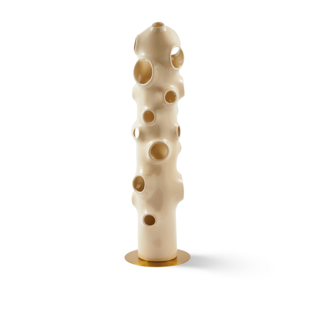 BULLE FLOOR LAMP BY PIERRE CARDIN with scattered circular bubble openings along organic tubular body on flat gold disc base BULLE FLOOR LAMP BY PIERRE CARDIN with scattered circular bubble openings along organic tubular body on flat gold disc base