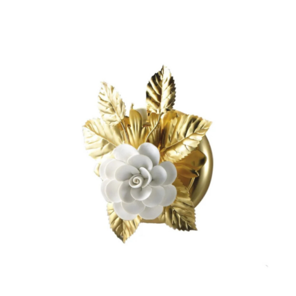 MARIE ANTOINETTE WALL LIGHT WHITE with 24ct gold plated brass leaves and white handmade porcelain rose, Versailles-inspired, handmade in Italy