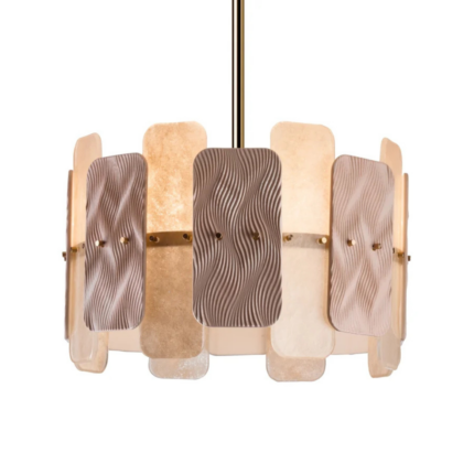 MIKADO BLUSH CHANDELIER 6 LIGHTS — cylindrical brass frame with alternating Murano glass and wavy porcelain tiles in pink, handmade in Italy