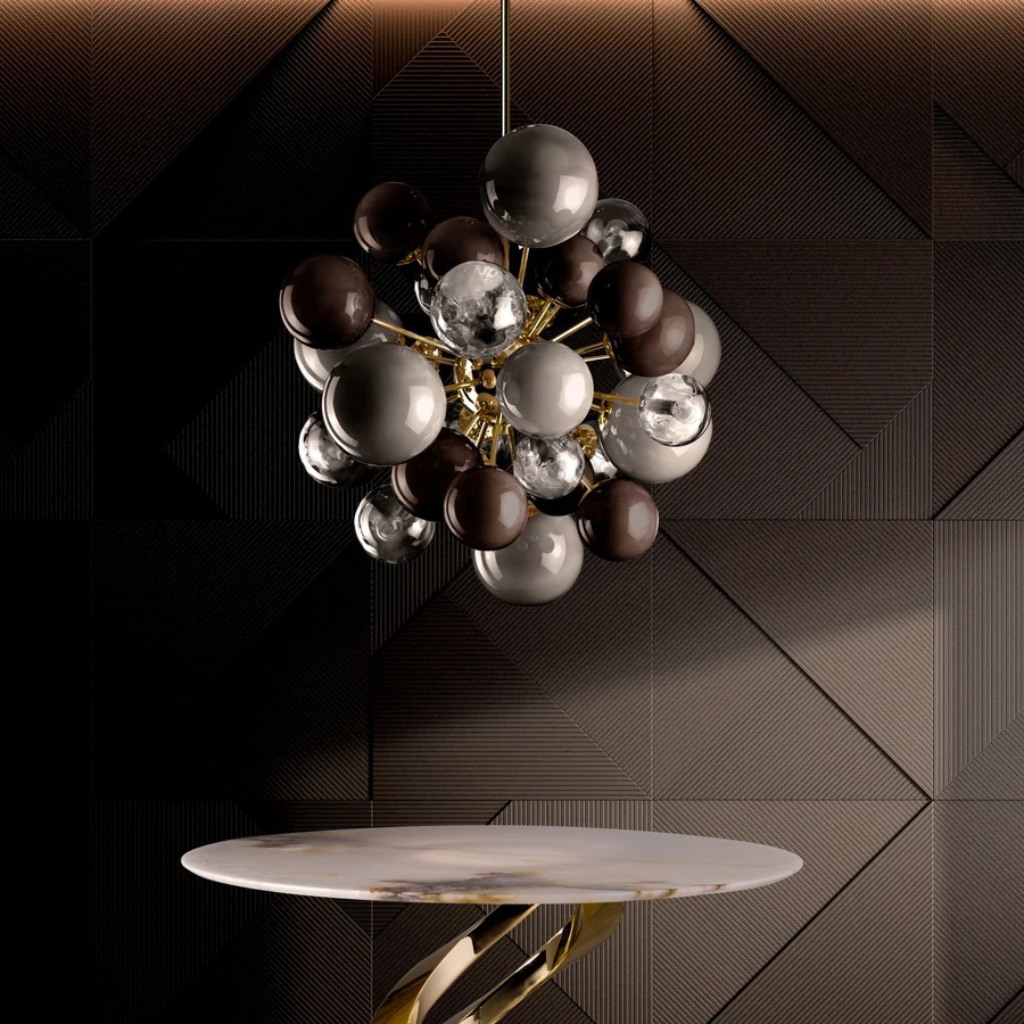 LADY V TABACCO CHANDELIER 18 LIGHTS — sputnik-style 24ct gold brass with grey and tobacco Murano glass spheres, handmade in Italy, H100 x Ø90 cm LADY V TABACCO CHANDELIER 18 LIGHTS — sputnik-style 24ct gold brass with grey and tobacco Murano glass spheres, handmade in Italy, H100 x Ø90 cm