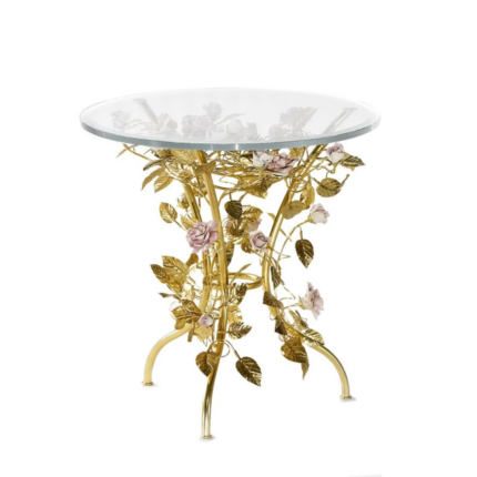 MAIRE ANTOINETTE COFFEE TABLE GOLD PINK — 24ct gold brass botanical tripod with handmade pink porcelain roses and round glass top, H60 x Ø60 cm
