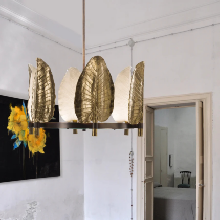 ACAPULCO 12 LIGHT CHANDELIER GOLD featuring Murano glass banana leaf shades in gold and frosted white on a bronze-plated brass ring, handmade in Italy
