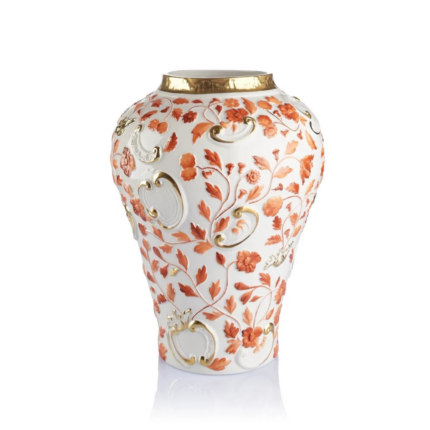 TAORMINA LARGE VASE TERRACOTTA GOLD in white fine porcelain with raised relief floral motifs hand-painted in terracotta orange and 24ct gold, handmade in Italy