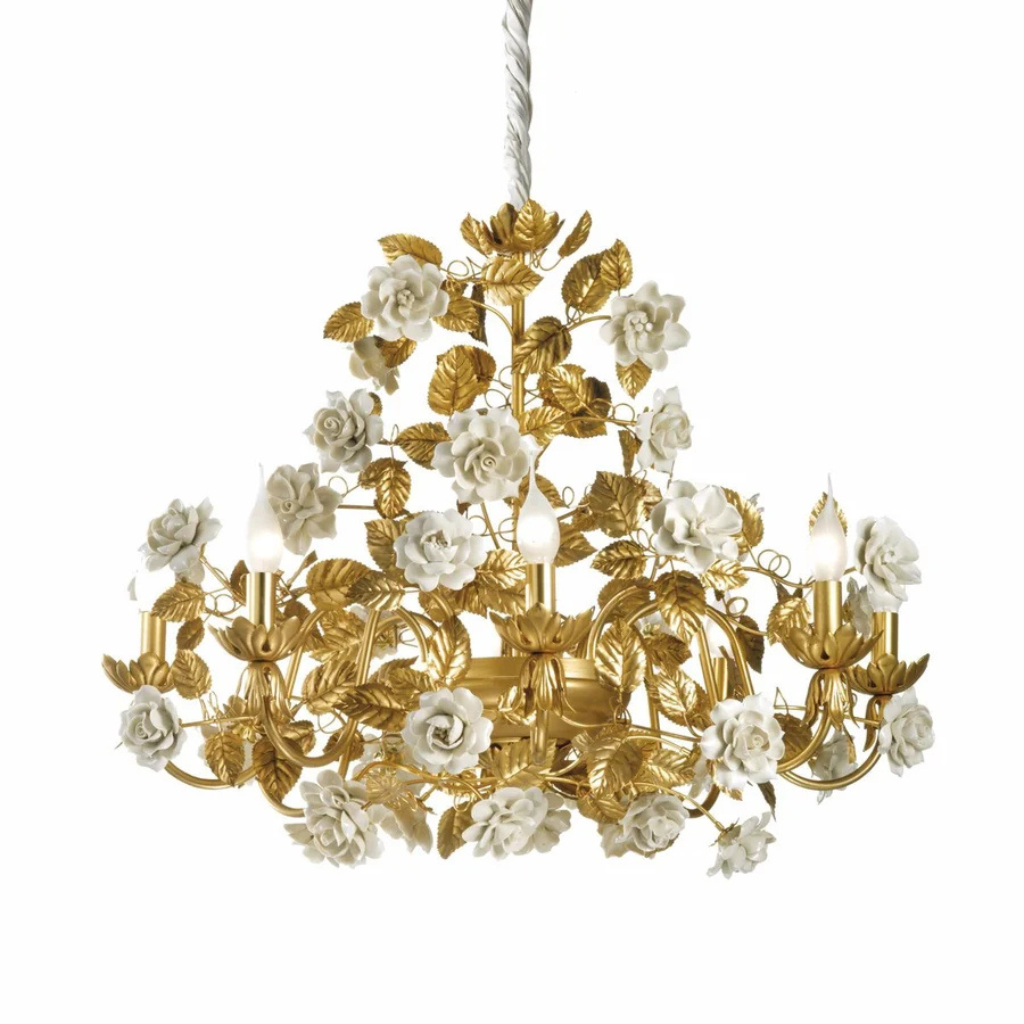 MARIE ANTOINETTE 8 LIGHTS CHANDELIER WHITE with 24ct gold-plated brass arms, handmade white porcelain roses, and sculptural gold leaf detailing MARIE ANTOINETTE 8 LIGHTS CHANDELIER WHITE with 24ct gold-plated brass arms, handmade white porcelain roses, and sculptural gold leaf detailing