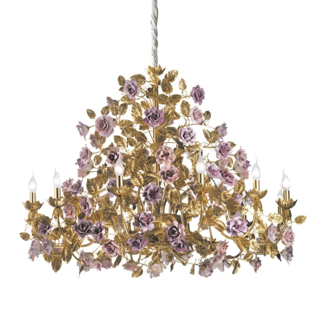 MARIE ANTOINETTE 12 LIGHT CHANDELIER GOLD PINK with 24ct gold-plated brass, sculpted gold leaf arms, and handmade pastel pink porcelain roses, made in Italy MARIE ANTOINETTE 12 LIGHT CHANDELIER GOLD PINK with 24ct gold-plated brass, sculpted gold leaf arms, and handmade pastel pink porcelain roses, made in Italy