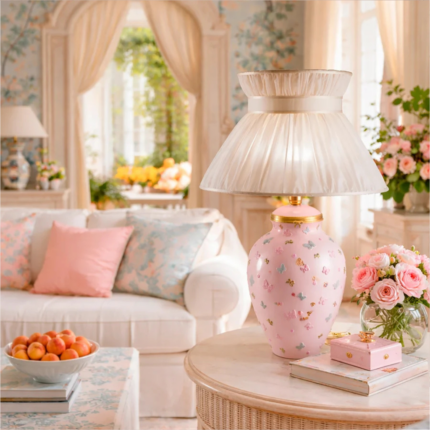 BUTTERFLY TABLE LAMP PINK with all-over 24ct gold relief butterflies and white ruched organza shade, handmade in Italy