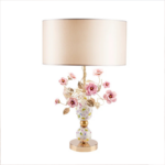 TAORMINA TABLE LAMP MULTICOLOR GOLD with hand-painted multicolor porcelain body, sculpted pink porcelain flowers, gold leaf stems, and blush drum shade, made in Italy