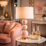 LADY V BLUSH TABLE LAMP with stacked Murano glass and porcelain spheres on 24ct gold brass base, handmade in Italy, Hollywood glamour style