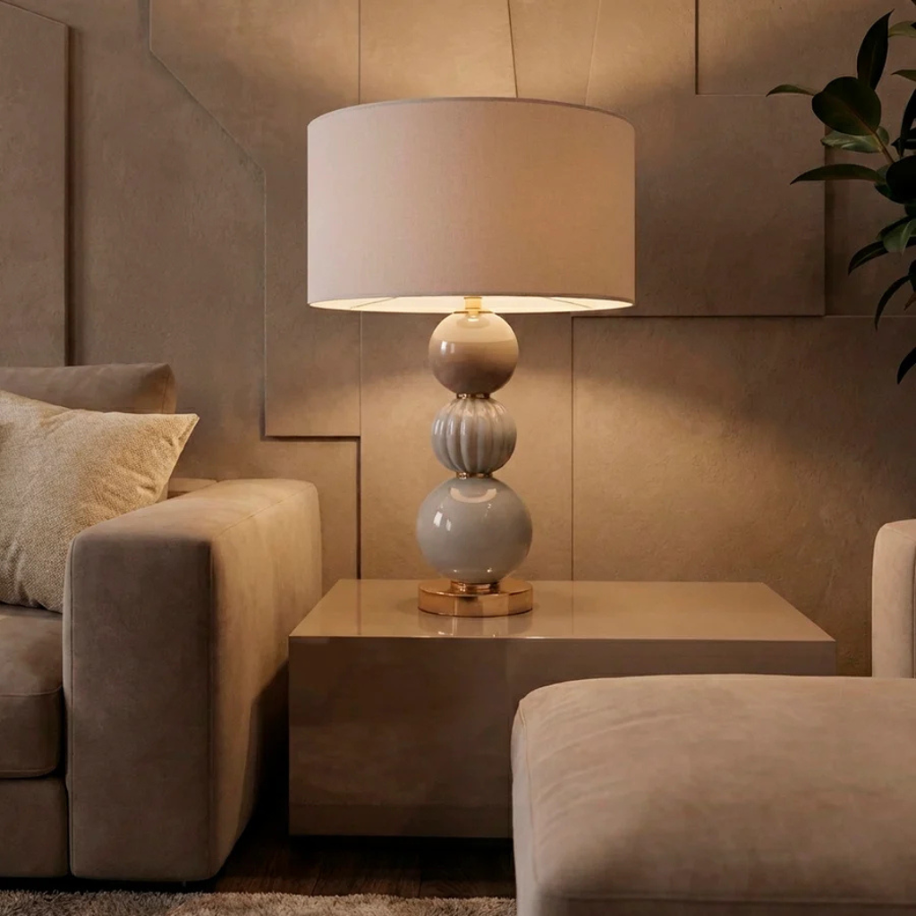 LADY V TABACCO TABLE LAMP with stacked Murano glass and porcelain spheres in tobacco grey on 24ct gold brass base, handmade in Italy LADY V TABACCO TABLE LAMP with stacked Murano glass and porcelain spheres in tobacco grey on 24ct gold brass base, handmade in Italy