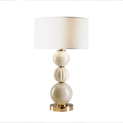 LADY V CREAM TABLE LAMP with stacked Murano glass and porcelain spheres on 24ct gold brass base with white drum shade, handmade in Italy