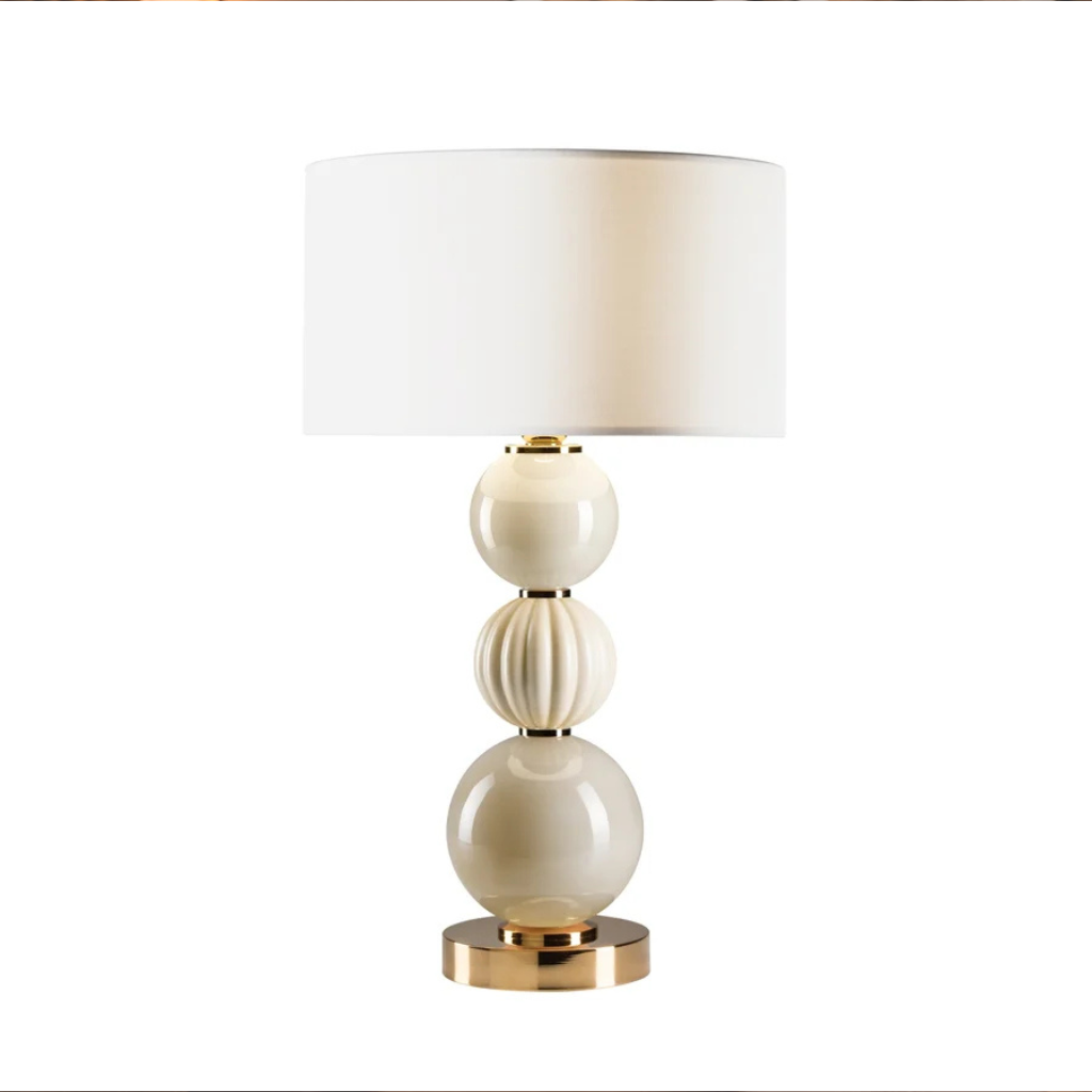 LADY V CREAM TABLE LAMP with stacked Murano glass and porcelain spheres on 24ct gold brass base with white drum shade, handmade in Italy LADY V CREAM TABLE LAMP with stacked Murano glass and porcelain spheres on 24ct gold brass base with white drum shade, handmade in Italy