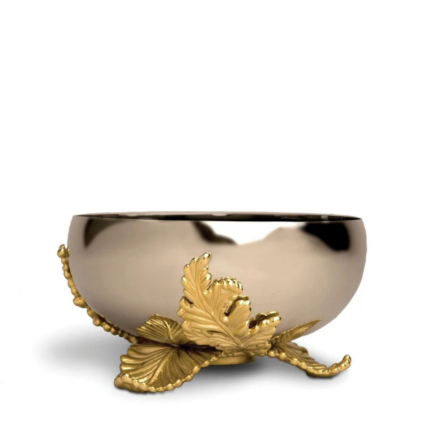 LAMINA GOLD LEAF DECORATIVE BOWL in mirror-polished stainless steel with handcrafted 24k gold acanthus leaf base, available in 6-inch and 12-inch sizes
