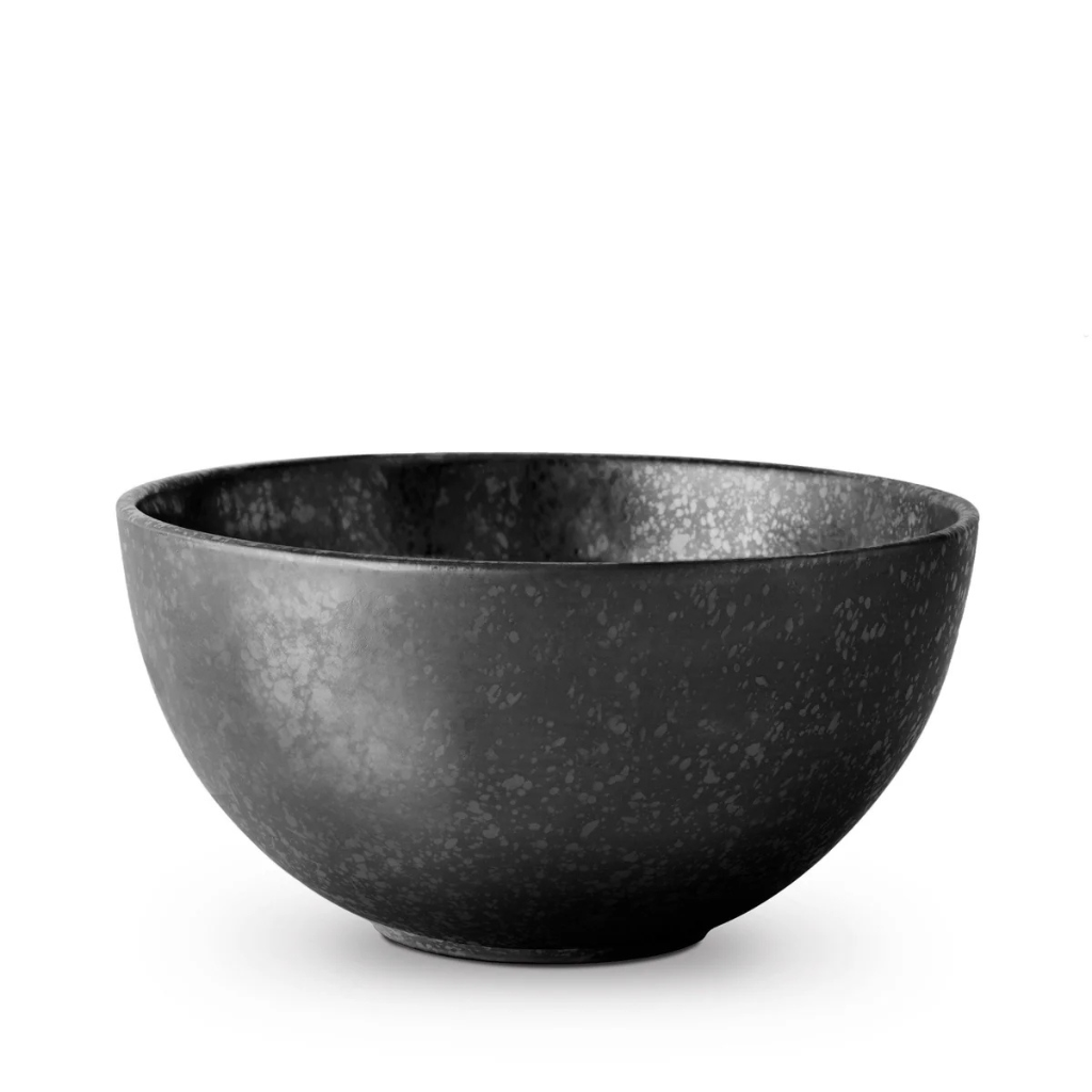 ALCHIMIE BOWL BLACK with speckled silver reactive glaze finish — 9 inches diameter by 4.5 inches tall, luxury decorative bowl ALCHIMIE BOWL BLACK with speckled silver reactive glaze finish — 9 inches diameter by 4.5 inches tall, luxury decorative bowl