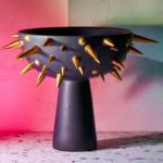 CELESTIAL BOWL ON STAND with hand-painted gold spikes — 11.75"D × 8.5"H, bold sculptural decor piece