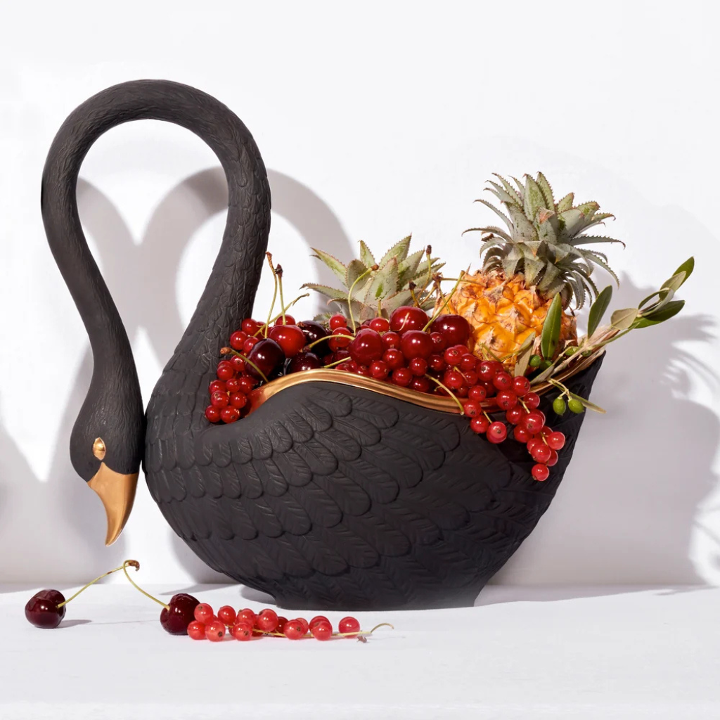 Untitled design - 2026-09-18T015531.211 SWAN BOWL BLACK with 24K gold beak and rim, intricate feather detail — available in salt cellar, medium, and large sizes