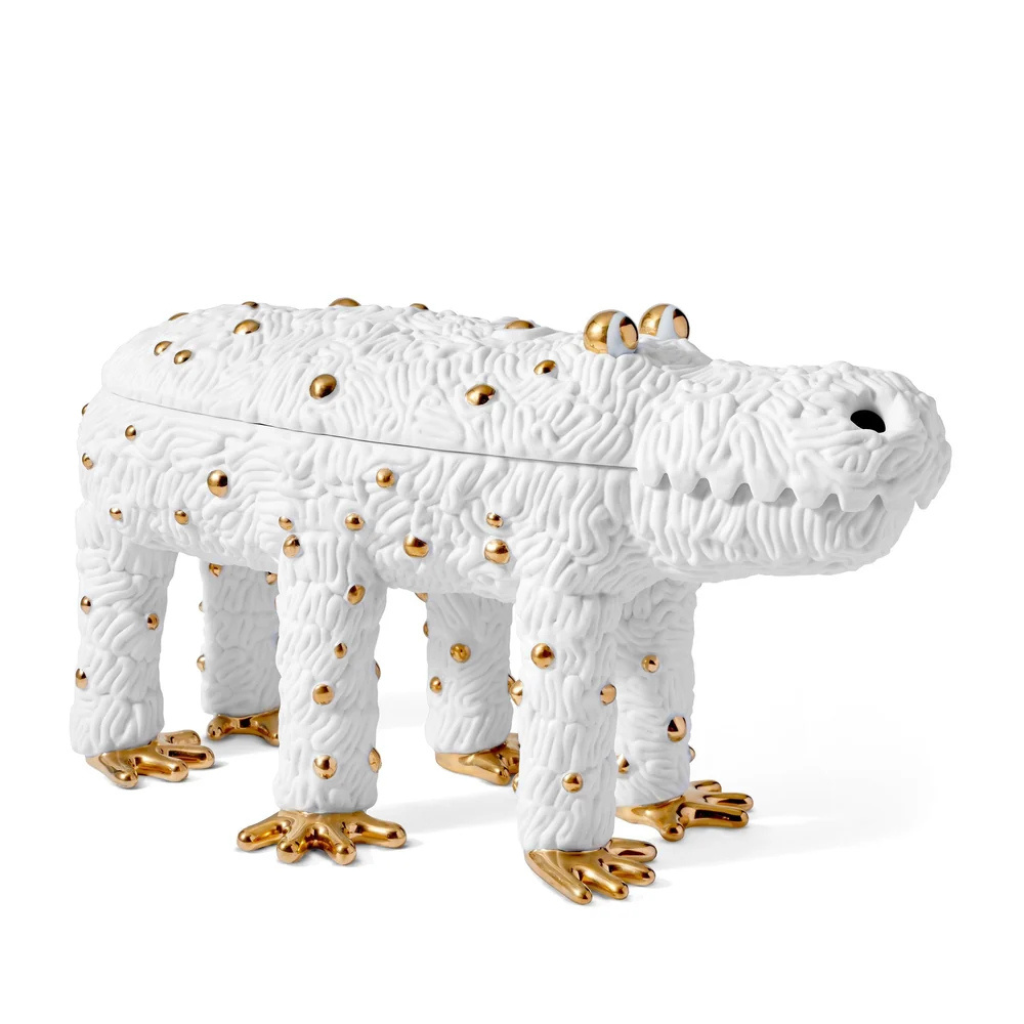 HAAS PEDRO THE CROC BOX with 24K gold feet and stud accents, six-legged lidded vessel — 16×6.25×9.25 inches luxury sculpture HAAS PEDRO THE CROC BOX with 24K gold feet and stud accents, six-legged lidded vessel — 16×6.25×9.25 inches luxury sculpture