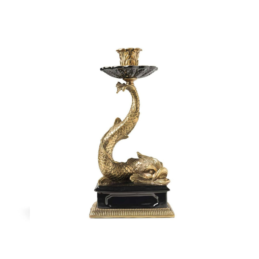 CANDLEHOLDER TRITON ATLANTA with scaled S-curve body and acanthus leaf candle cup on a black lacquer square pedestal base CANDLEHOLDER TRITON ATLANTA with scaled S-curve body and acanthus leaf candle cup on a black lacquer square pedestal base