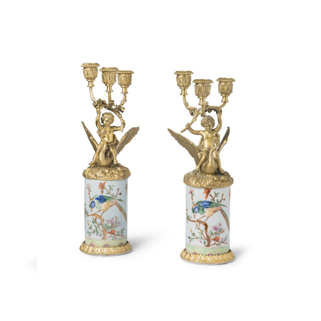CANDLEHOLDERS ARIEL on hand-painted porcelain columns with exotic bird and floral chinoiserie decoration CANDLEHOLDERS ARIEL on hand-painted porcelain columns with exotic bird and floral chinoiserie decoration