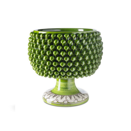 VASE PIGNA GREEN with raised pinecone scale texture and white hand-painted botanical pedestal base