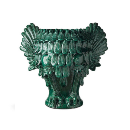 VASE OWL COPPER GREEN with dramatic spread feathered wings, layered teardrop feather texture, and open fluted rim
